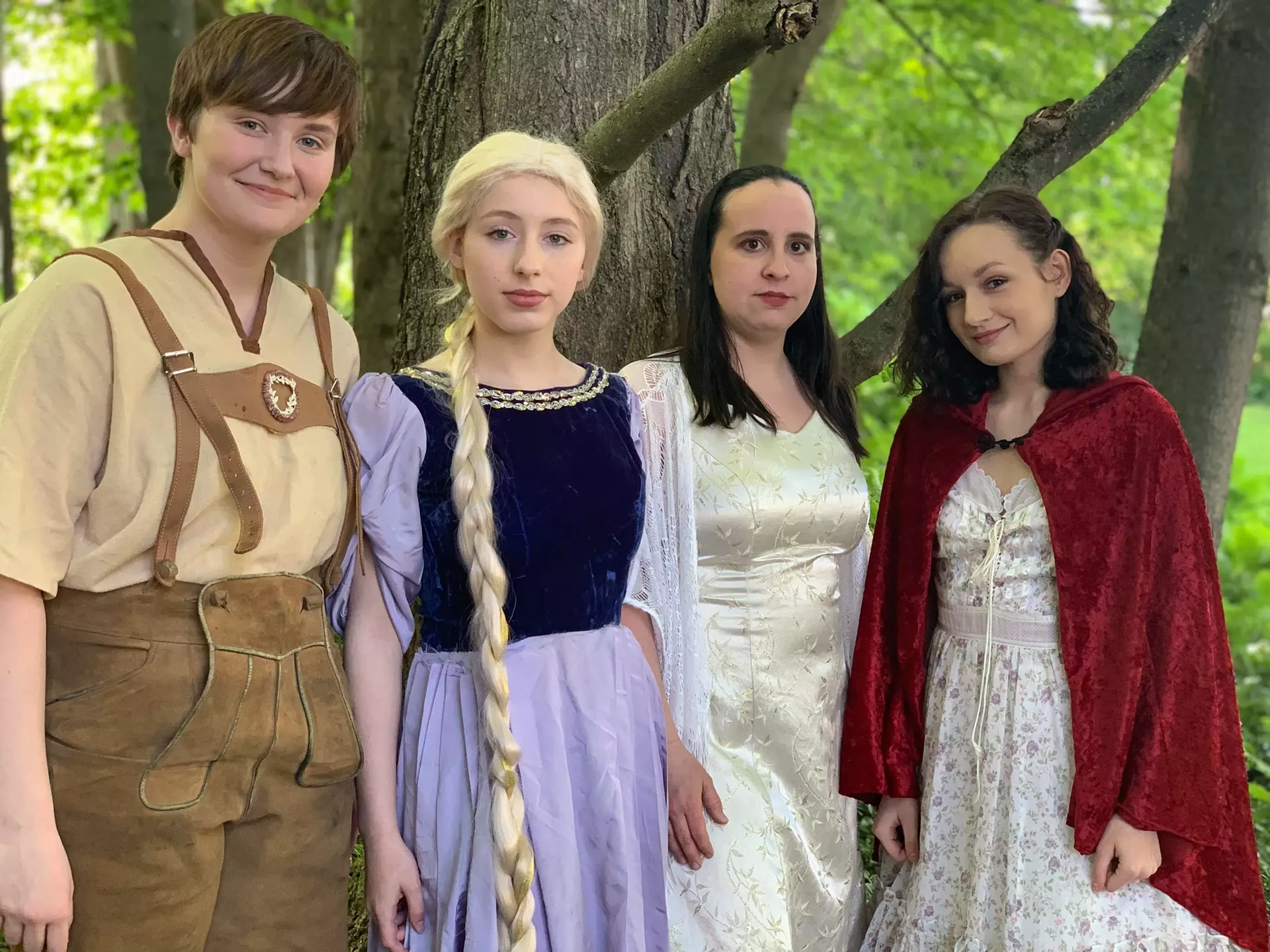 Pictured from left to right: Jack (Katelyn Shaw of Morrisville), Rapunzel (Annalise Durocher of Fairfax), Cinderella (Jennifer Benjamin of Morristown), and Little Red (Holly Ray Sherrer of St. Albans). Just a few of the fairy tale characters featured in the musical INTO THE WOODS. July 18-28. Presented by the Lamoille County Players.  LCPlayers.com