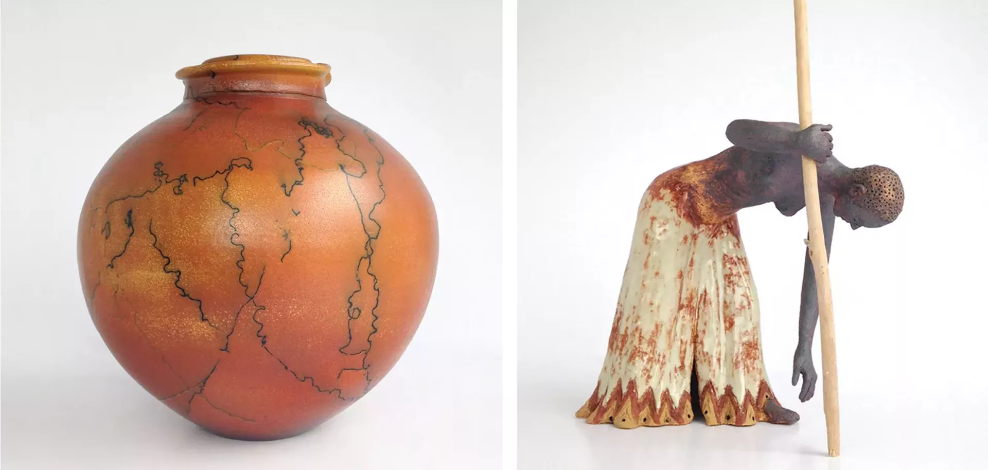 Left: "Horse Hair Raku Pot," by Luke Iannuzzi Right: "The Journey" by Nadya Beck