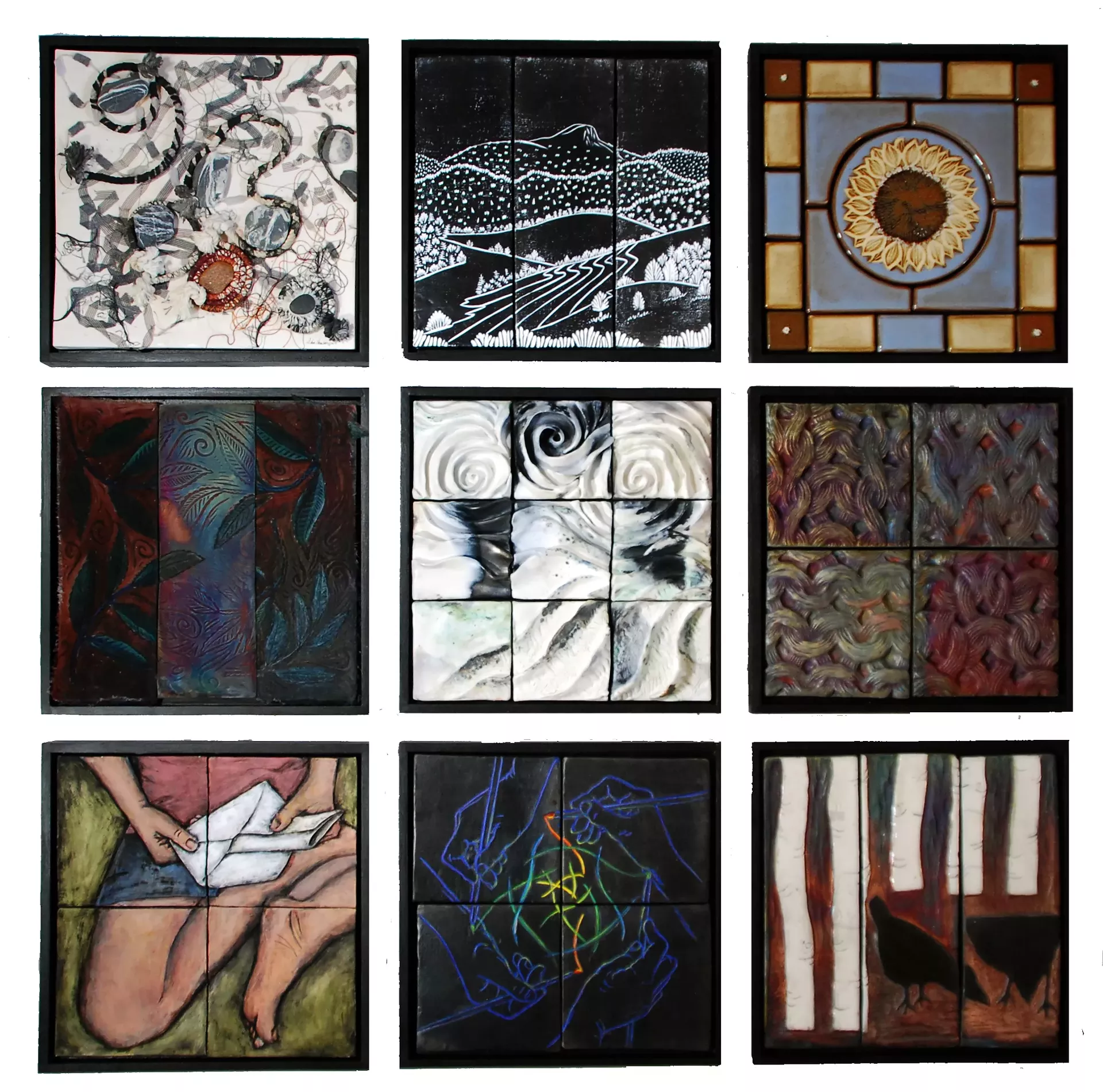 'Nine by Nine' tiles by Heidi Broner, Sally Duval, Wendy James,  Irene Lederer LaCroix, Carol MacDonald, Dianne Shullenberger, Ellen Spring, Daryl Storrs and Ulrike Tessmer