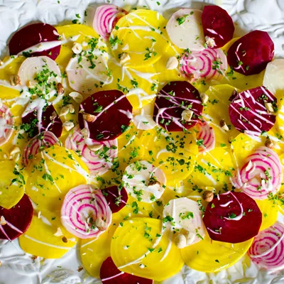 Image: Raw Beet Carpaccio With Mascarpone, Hazelnuts and Summer Herbs