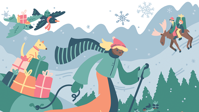 Illustration of people playing in the snow and shopping