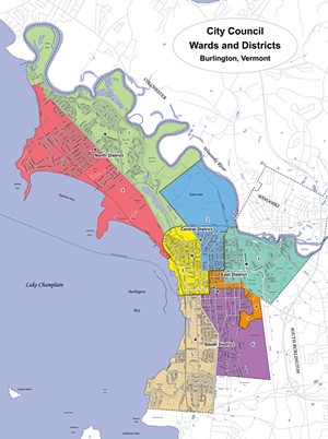 Councilors agreed on the new boundaries last year after a protracted discussion. Dotted lines show the four districts, which are made up of two wards each. &#10;The colored regions represent the eight wards.