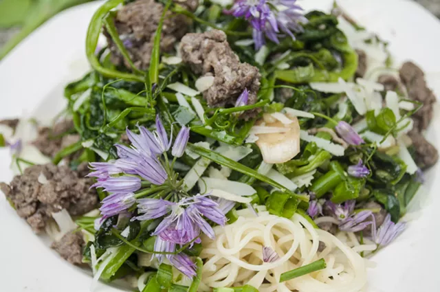 Farmers Market Kitchen: Pasta With Pea Shoots, Sausage and Green Garlic