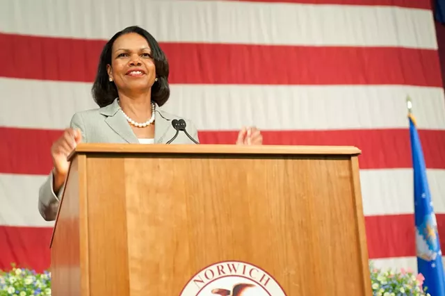 Rice speaks at Norwich Amid Protests