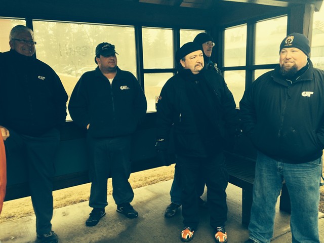 From left, CCTA drivers Dale Meigs, Dave McKenzie, Alain Hirsch, Tom Griffith, and Kevin Favreau  picketing outside CCTA headquarters. - MARK DAVIS