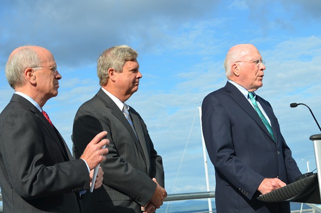 From left, Congressman Peter Welch, U.S. Agriculture Secretary Tom Vilsack and Senator Patrick Leahy at the ECHO Center in Burlington. - ALICIA FREESE