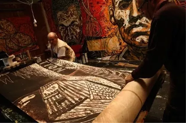 Goddard Unveils 200-Foot Woodcut Print During Art Crawl