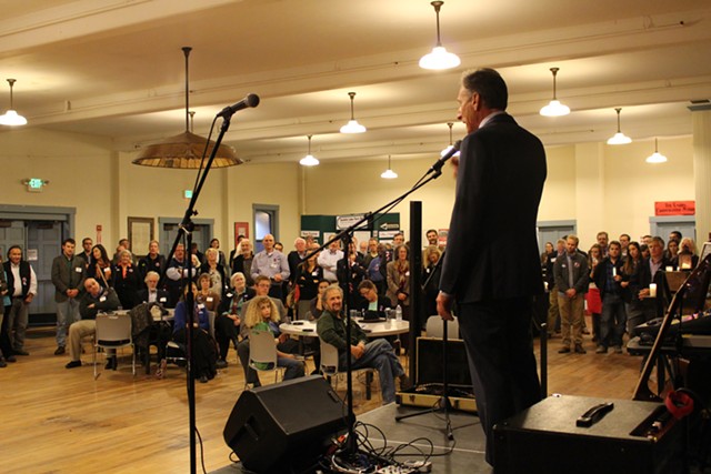 Gov. Peter Shumlin addresses a Democratic rally last Thursday at Barre's Old Labor Hall. - PAUL HEINTZ