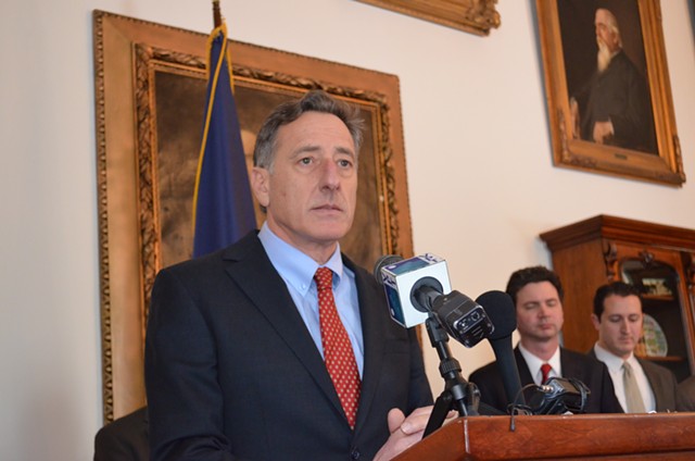 Gov. Peter Shumlin answers questions about RGA chairman and New Jersey Gov. Chris Christie at a Statehouse press conference Thursday. - PAUL HEINTZ