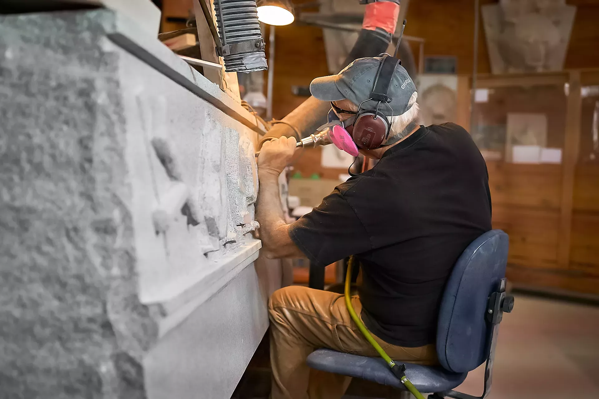 Chris Miller working on the Vermont Academy of Arts & Sciences monument