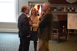 House Education Committee Chair Dave Sharpe (D-Bristol), left, talks with Vermont National Education Association  president Martha Allen and general counsel Jeff Fannon. - TERRI HALLENBECK