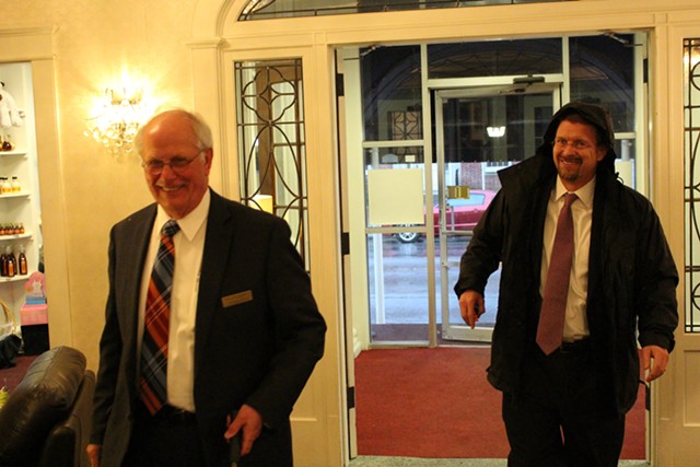 House Speaker Shap Smith (right) arrives at the Capitol Plaza. - PAUL HEINTZ