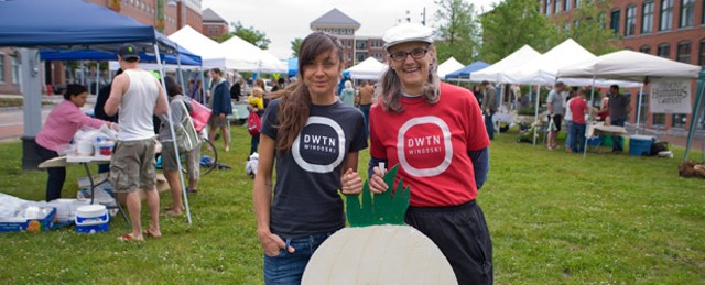 Jessica Bridge (left), co-owner of Aartistic Inc. and president of the Winooski Community Partnership, and Winooski city manager Katherine &#8220;Deac&#8221; Decarreau. That's the new Winooski Community Partnership logo on their shirts. - ANDY DUBACK