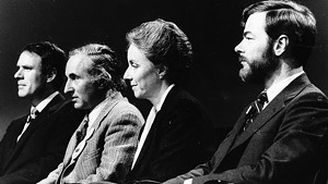 John Easton Jr., Richard Gottlieb, Madeleine Kunin and William Wicker at a 1984 gubernatorial debate
