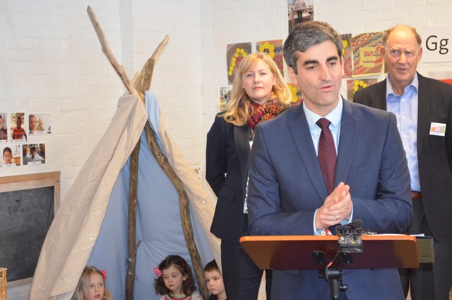 Mayor Miro Weinberger announces his early education initiative with Julie Coffey, executive director of Building Bright Futures, and Rick Davis, cofounder of the Permanent Fund for Vermont's Children. - ALICIA FREESE