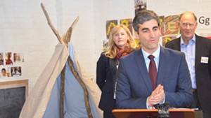 Mayor Miro Weinberger announces his early education initiative with Julie Coffey, executive director of Building Bright Futures, and Rick Davis, cofounder of the Permanent Fund for Vermont's Children.