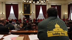 Members of the Vermont State Employees Association gather in the Vermont House chamber to hear Sen. John Campbell (D-Windsor) and Rep. Shap Smith (D-Lamoille-Washington).