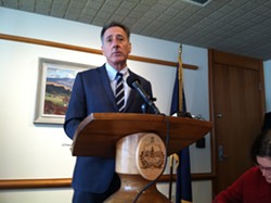 Gov. Peter Shumlin speaks to reporters at the Montpelier news conference Tuesday. - TERRI HALLENBECK