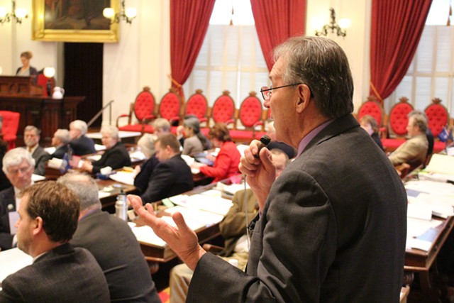Rep. Paul Poirier (I-Barre) speaks against the tax bill Thursday on the House floor. - PAUL HEINTZ