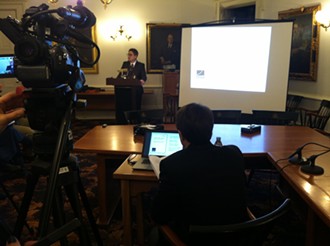 Beau Kilmer, project leader for RAND Corporation, presents a report Friday at the Statehouse on legalizing marijuana in Vermont. - TERRI HALLENBECK