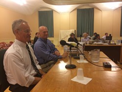 Ron Redmond, executive director of the Church Street Marketplace District Commission, left, and Jeff Nick, the commission's chair, address the city council. - ALICIA FREESE
