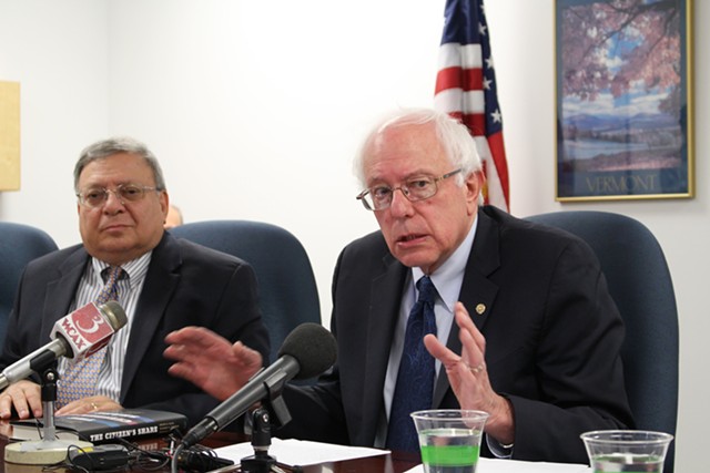 Sanders at a press conference Monday in his Burlington office. - PAUL HEINTZ