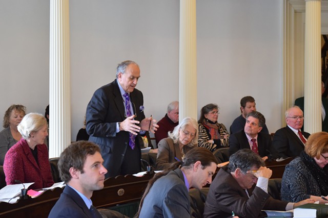 Senate Transportation Committee Chair Dick Mazza (D-Grand Isle) urges senators to clarify the state's cellphone driving ban Wednesday. - TERRI HALLENBECK