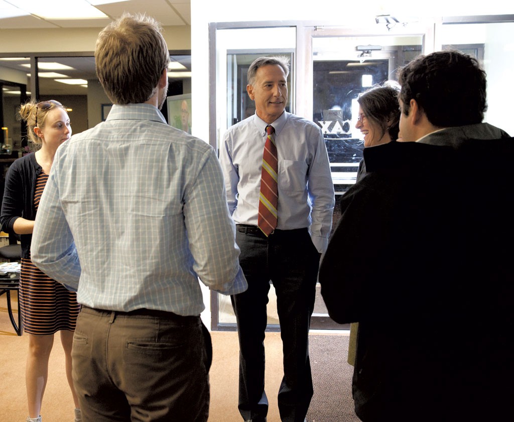 Shumlin chats with campaign staffers at WCAX-TV - MATTHEW THORSEN