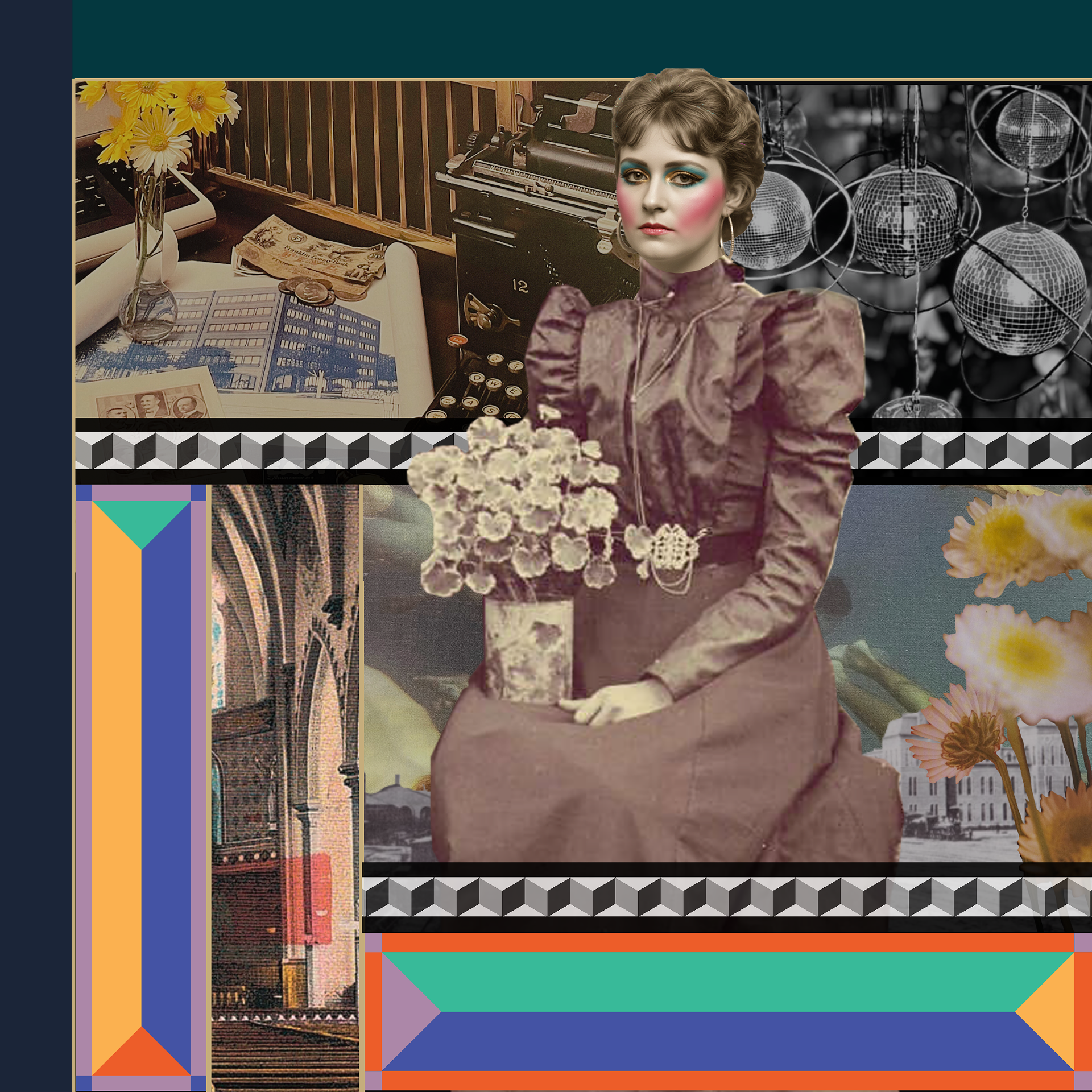 Images from Saint Albans Museum archives, graphic design by Trish Denton, graphical art by Alex Reeves, and analogue collage by Dru Roessle