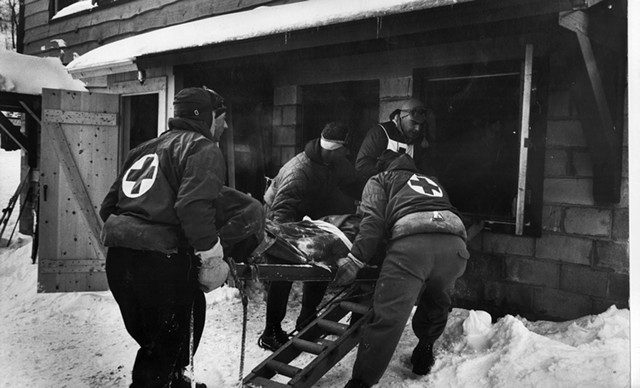 Ski patrol loads a victim into an aid room, 1959 - COURTESY OF ERIC FRIEDMAN