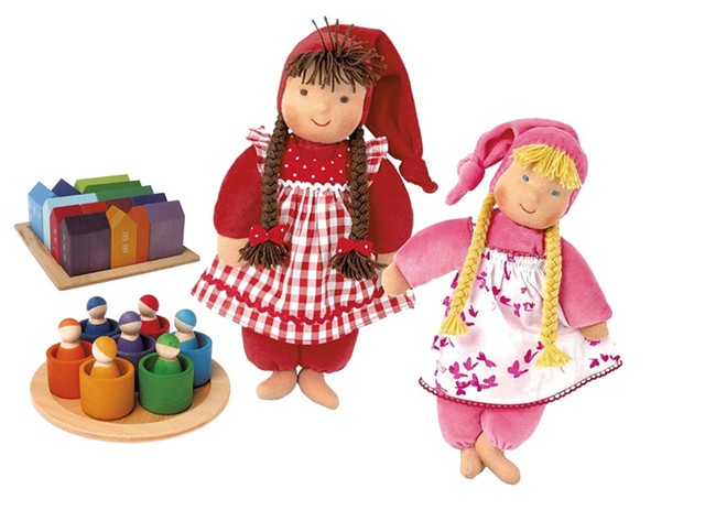 Kathe Kruse baby/toddler dolls, $69; wooden peg dolls with matching bowls, $59; small set of wooden house blocks, $75 at Jamie Two Coats Toy Shop