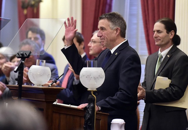Gov. Phil Scott delivers his State of the State address Thursday at the Vermont Statehouse. - JEB WALLACE-BRODEUR