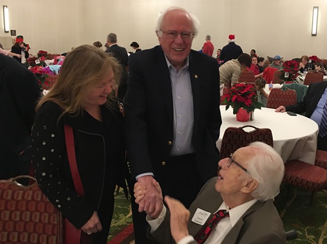 Jane O'Meara Sanders, Sen. Bernie Sanders and Tony Pomerleau in December 2017 at the Pomerleau Holiday Party in Burlington - FILE: JOHN WALTERS