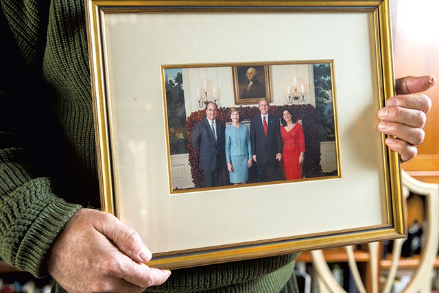 A photo of (left to right) Skip Vallee, Laura Bush, president George W. Bush and Denise Vallee - JAMES BUCK