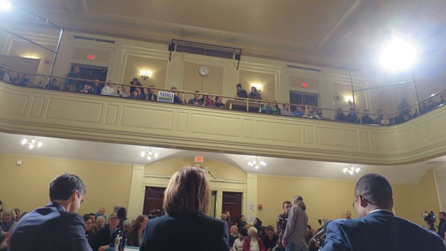 Miro Weinberger, Carina Driscoll and Infinite Culcleasure at the Seven Days mayoral forum in Burlington City Hall in February - FILE: MATTHEW THORSEN