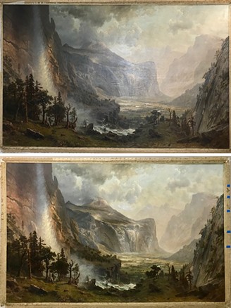 Before (top) and after (bottom) pictures of "Domes of the Yosemite" depicting the painting's transformation - ST. JOHNSBURY ATHENAEUM