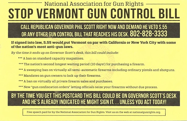 Postcard sent to Vermonters by the National Association for Gun Rights