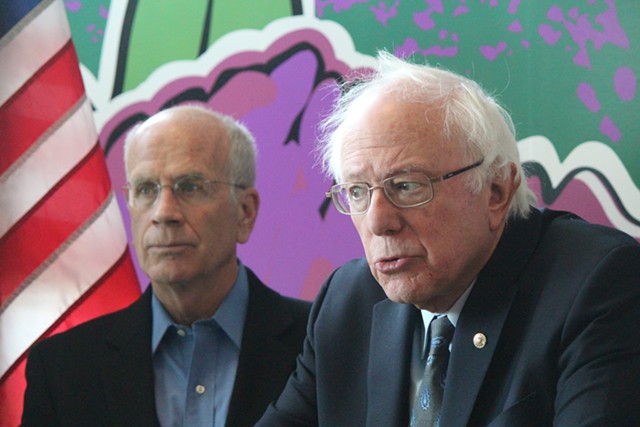 Congressman Peter Welch and Sen. Bernie Sanders at a press conference in January 2018 at Burlington International Airport - PAUL HEINTZ