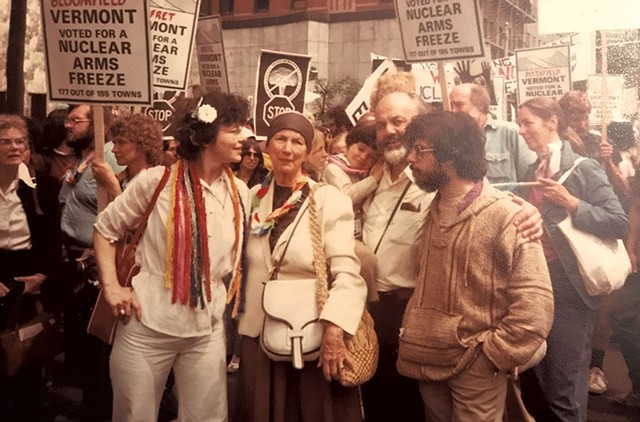 Left to right: Robin Lloyd; Robin's mother, Mary Norris Lloyd; Jesse Lloyd Guma in the arms of Bernard O'Shea; and Greg Guma at the Nuclear Freeze Rally in New York City on June 12,1982 - COURTESY OF ROBIN LLOYD