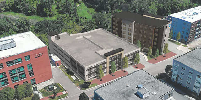 A rendering showing the proposed parking garage and hotel next to the existing Community College of Vermont building - CITY OF WINOOSKI
