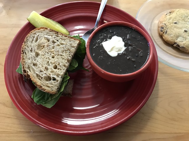 Hummus sandwich and chili at Red Hen Baking Co. - SALLY POLLAK