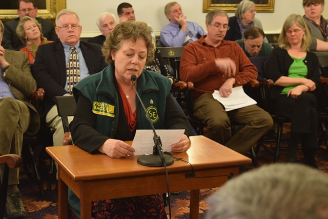 Vermont State Employees Association President Shelley Martin speaks against personnel cuts at a Statehouse hearing earlier this year. - TERRI HALLENBECK