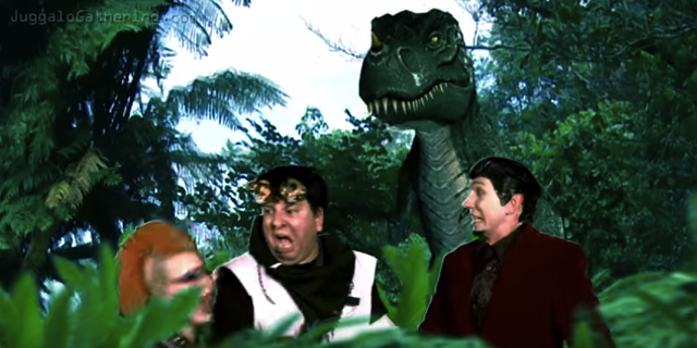 Futuristic Juggalos menaced by a T. Rex. Because of course they are. - PSYCHOPATHIC RECORDS