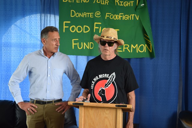 Neil Young pledges $100,000 Sunday to Gov. Peter Shumlin toward Vermont's legal battle over the state's GMO labeling law. - TERRI HALLENBECK