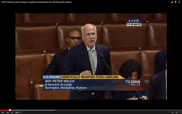 Rep. Peter Welch (D-Vt.) speaks Thursday on the House floor against a bill that would block states from enacting GMO labeling laws. - SCREENSHOT