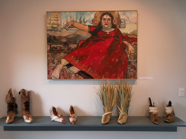 "Giant Asian Girl: Mina" by Misoo; boots and shoes by Wendy Copp (from left): "I Went A-Wandering," "Run Away Bride," "Walkin' Through the Rye," and "Wild Thing 3" - AMY LILLY