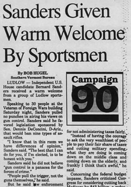 An October 22, 1990, account of Bernie Sanders' visit to a gathering of sportsmen in Ludlow - RUTLAND HERALD