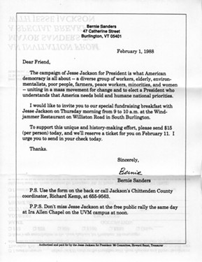 Invitation from Burlington Mayor Bernie Sanders to a Jesse Jackson fundraiser - BERNARD SANDERS PAPERS, SPECIAL COLLECTIONS, UNIVERSITY OF VERMONT LIBRARY