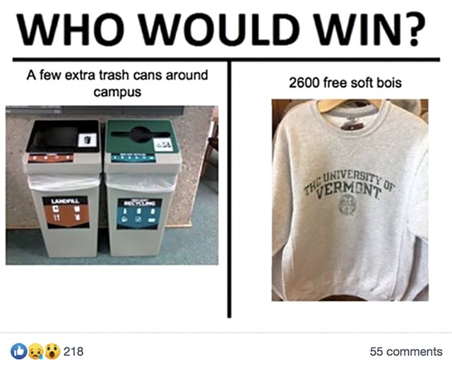 Make UV Groovy Again meme using the popular “Who Would Win?” format to criticize UVM for spending money on free sweatshirts for first-year students instead of on trashcans. - COURTESY OF LEXI KRAVITZ