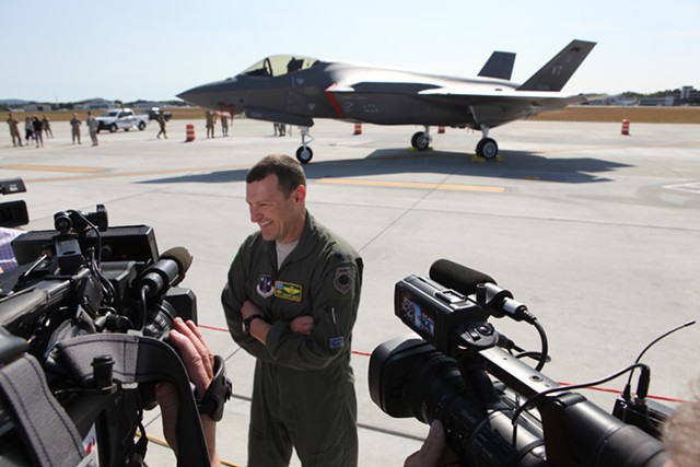 Lt. Col. Tony Marek speaks to the media after flying one of the Air Guard's two new F-35s from Texas to Burlington. - KEVIN MCCALLUM
